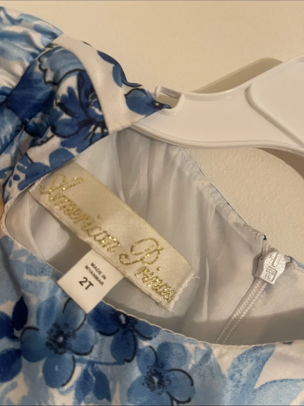 American Princess White and Blue Floral Pearl-Waist Party Dress